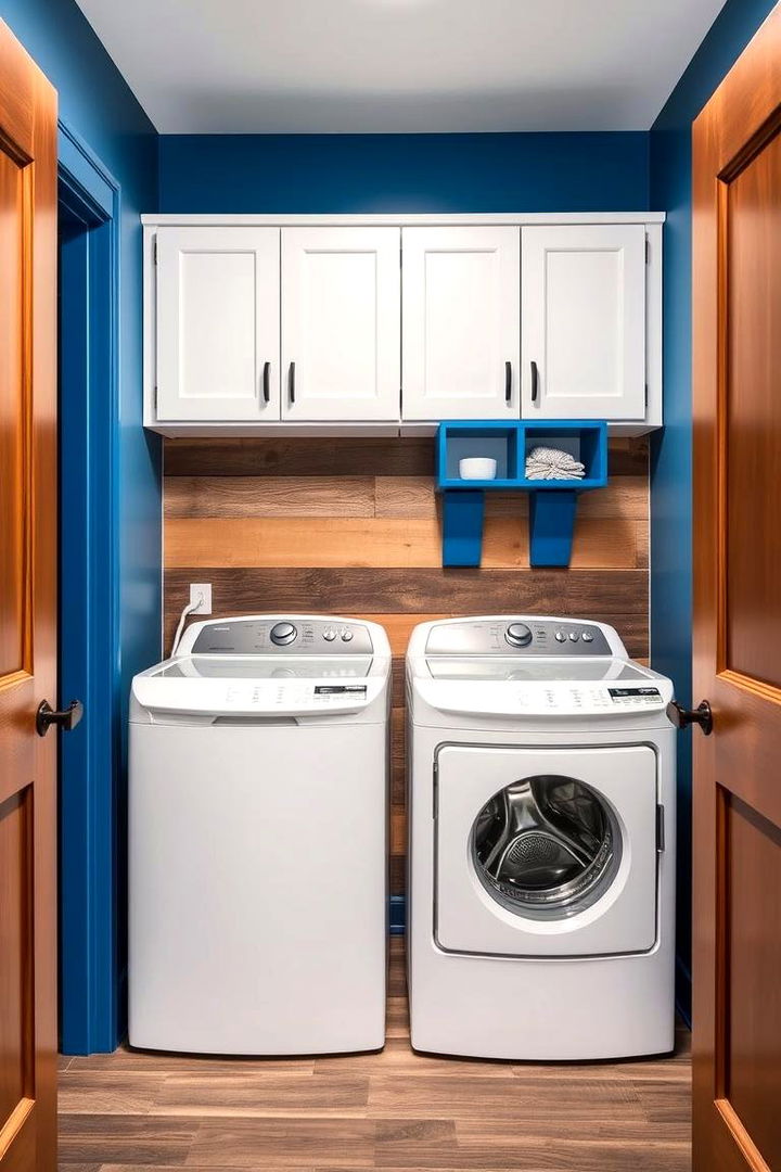 Wood Infused Blue Accents - 22 Blue Laundry Room Ideas
