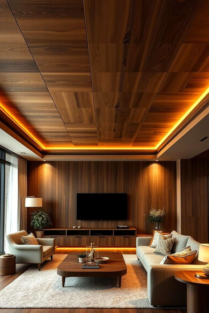 Wooden Paneling Warmth - 22 Living Room False Ceiling Design Ideas