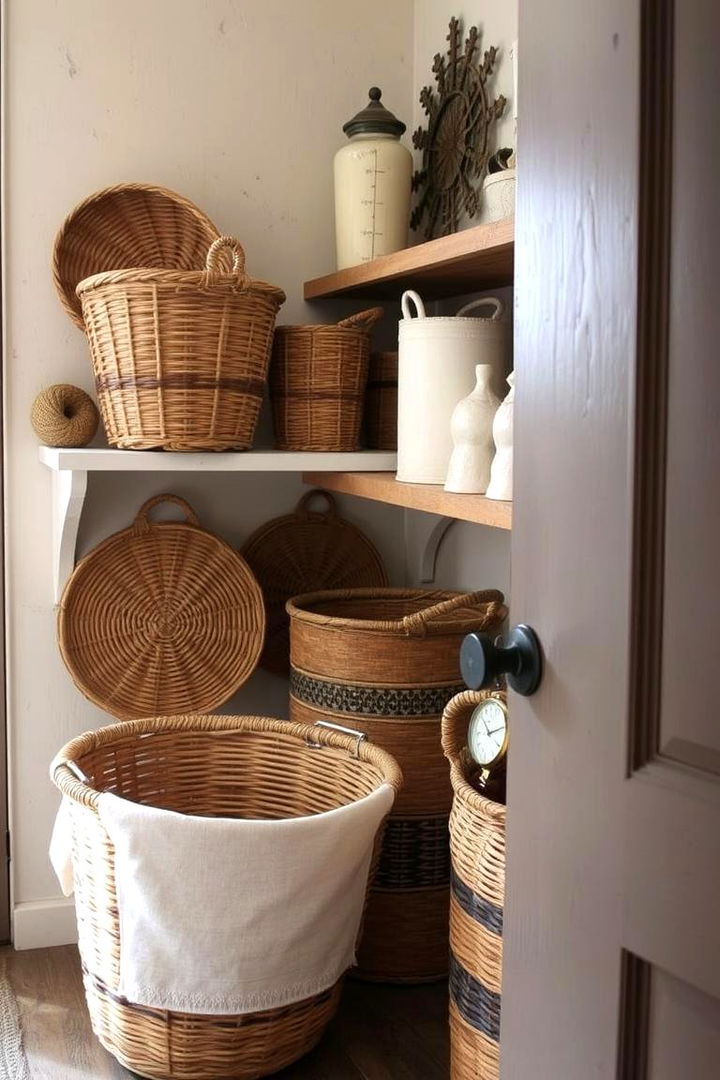 Woven Baskets Coupled with Vintage Decor - 22 Rustic Laundry Room Ideas
