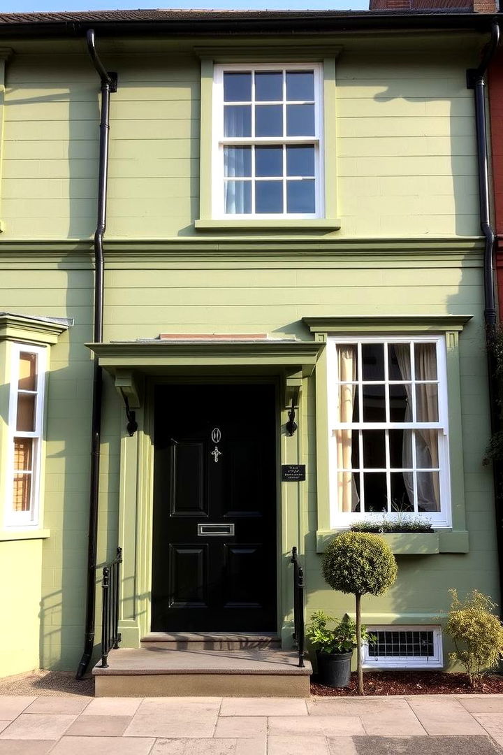 Architectural Heritage Refined - Sage Green House & Black Door Exterior Design Ideas