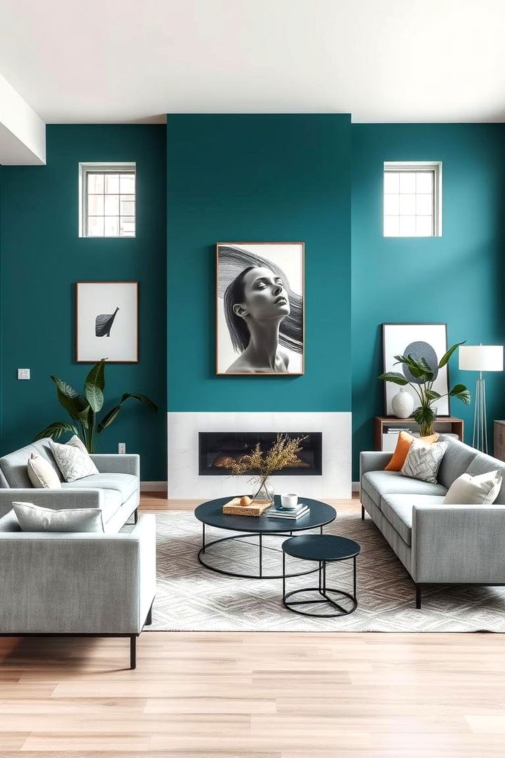 Bold Accent Wall - Stylish Teal & Grey Living Room Themes for Elegant Spaces