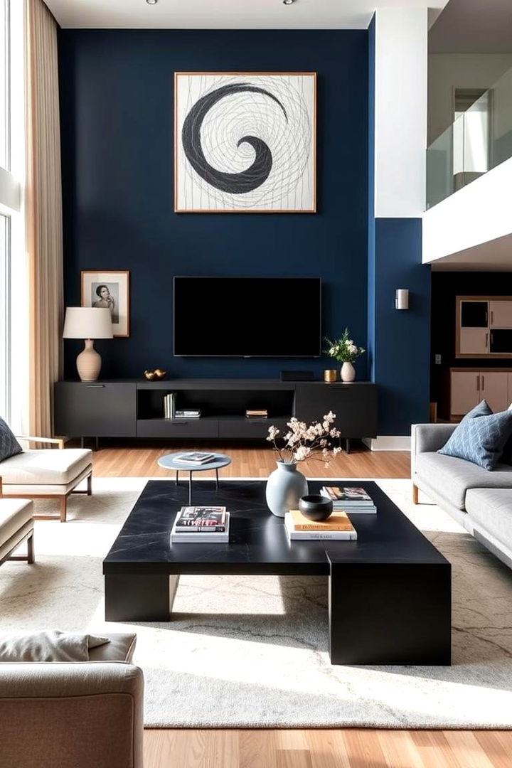 Bold Black Accents - Black & Blue Living Room Ideas for Dynamic Contrast