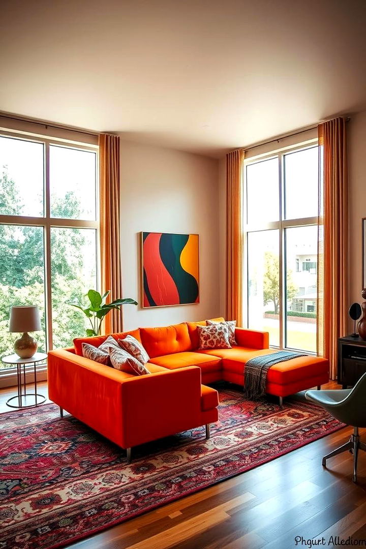 Bold Centerpiece Transformation - Orange Couch Living Room Ideas for Vibrant Decor