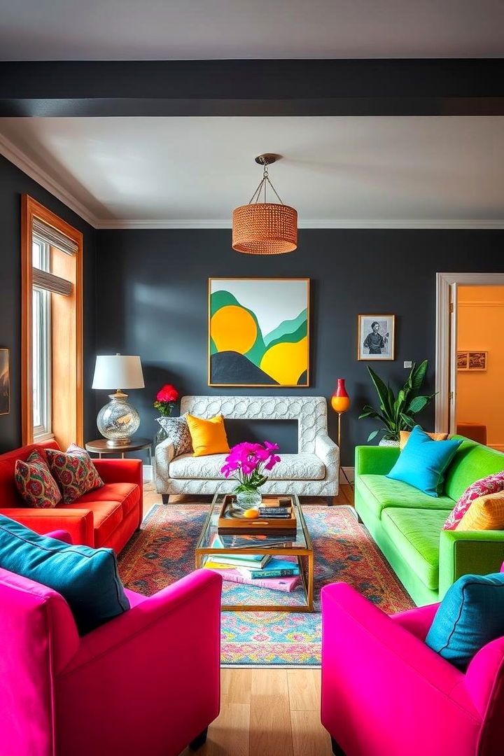 Bold Contrast with Vivid Furniture - Bold Living Room Designs with Dark Grey Walls & Contrasting Accents