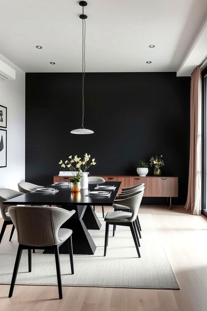 Bold Minimalist Charm - Black Accent Wall Dining Room Ideas for Dramatic Flair