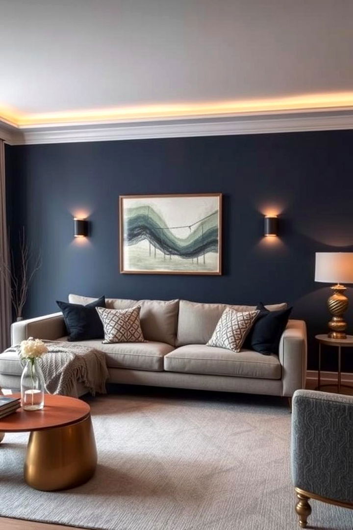 Bold Navy Accent Walls - Navy Blue & Grey Living Room Ideas for Sophisticated Style
