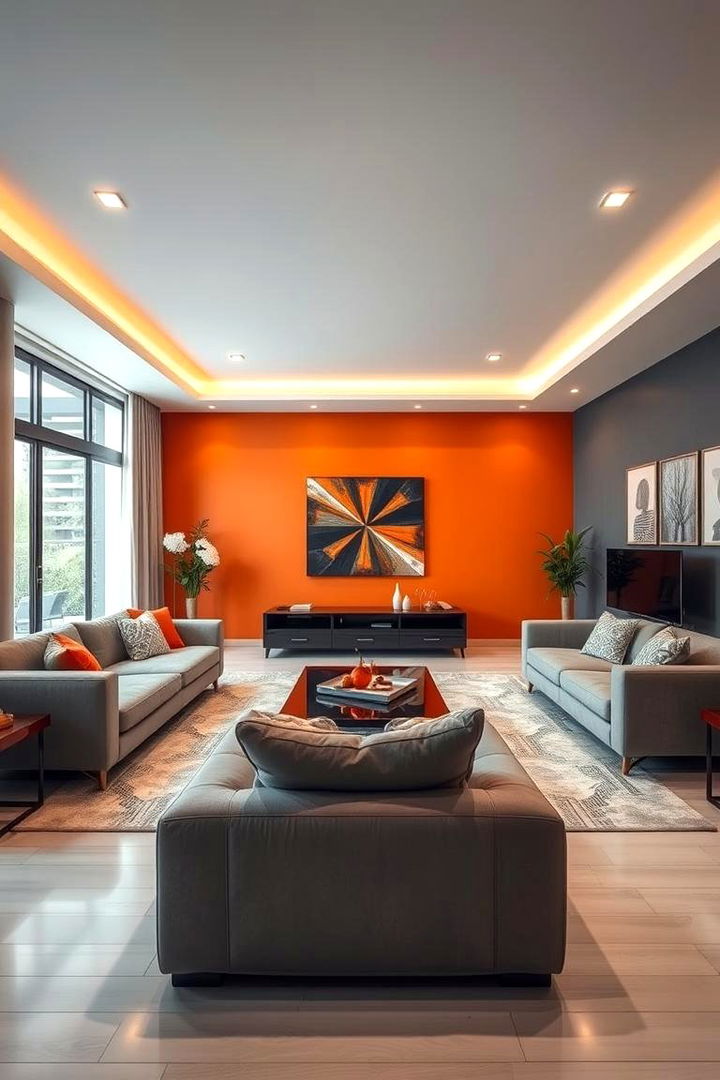 Bold Orange Accent Wall - Orange & Grey Living Room Ideas for Modern Contrast