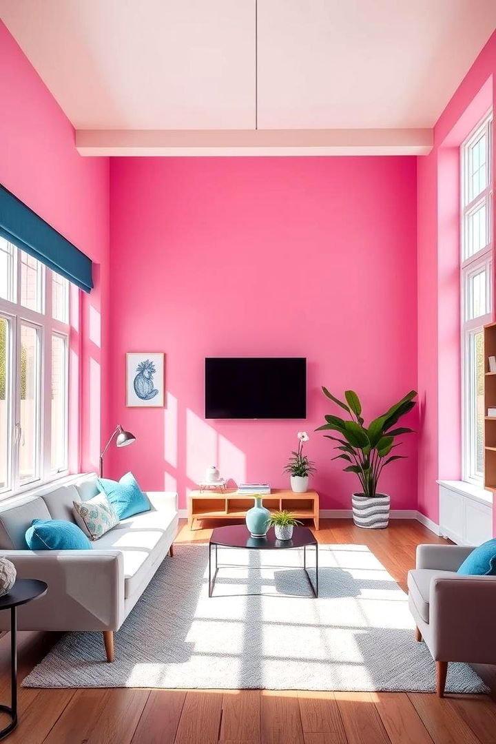 Bold Pink Accents with Delicate Blue Details - Pink and Blue Living Room Ideas: Coastal & Eclectic Mix