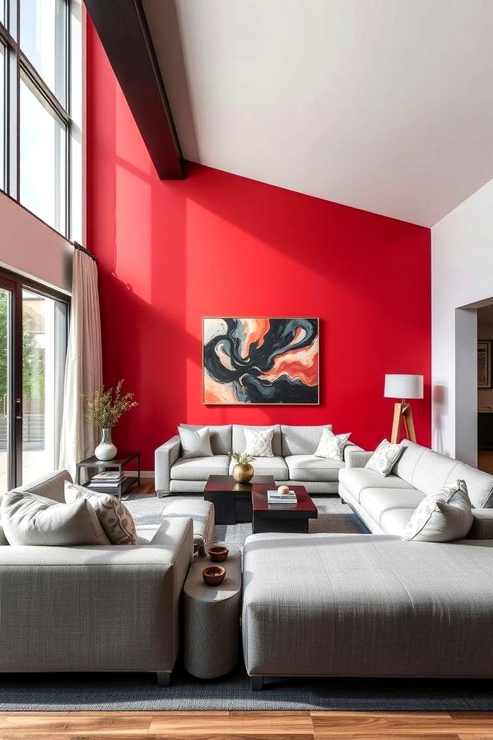 Bold Red Accent Wall - Elegant Red and Grey Living Room Design Ideas