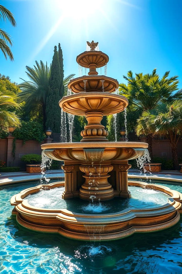 Classic Tiered Fountain Elegance - Elegant Pool Fountain Ideas for a Serene Outdoor Oasis