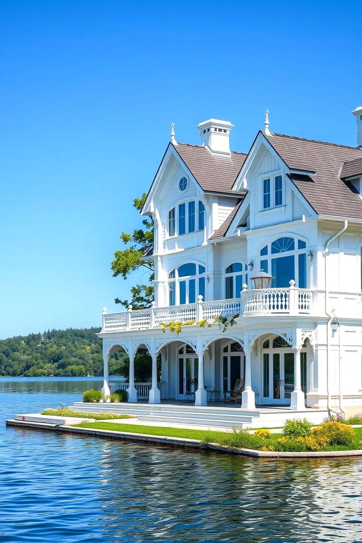 Classic White Elegance - Serene Lake House Exterior Color Palettes & Ideas