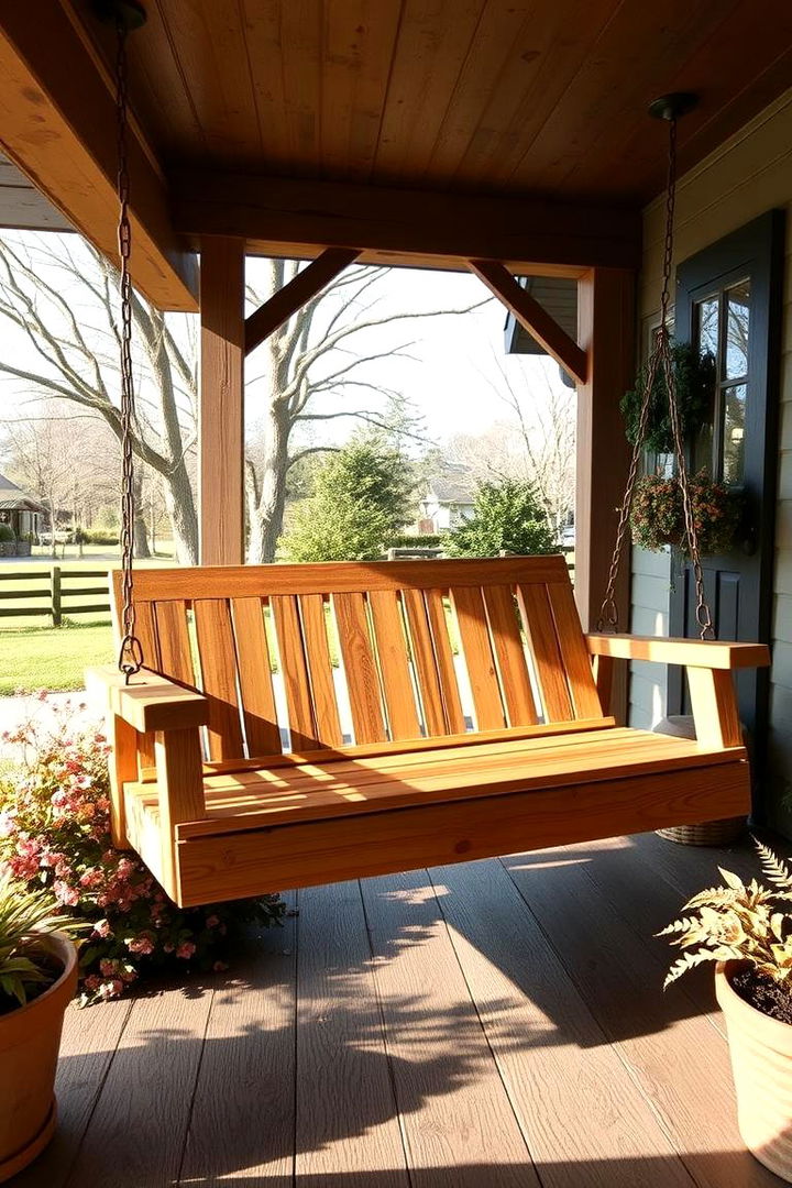 Classic Wooden Porch Swing - Charming Farmhouse Porch Ideas for Curb Appeal & Comfort