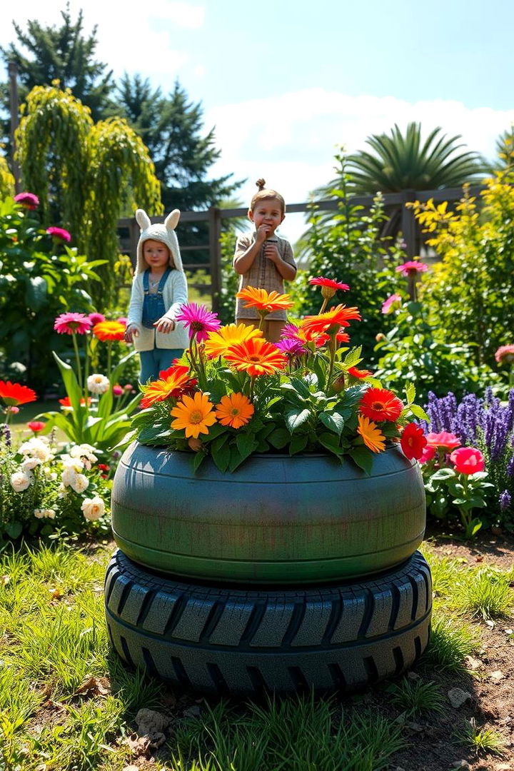 Colorful Tyre Planter Sculptures - Recycled Tyre Garden Art Ideas for Creative Yards