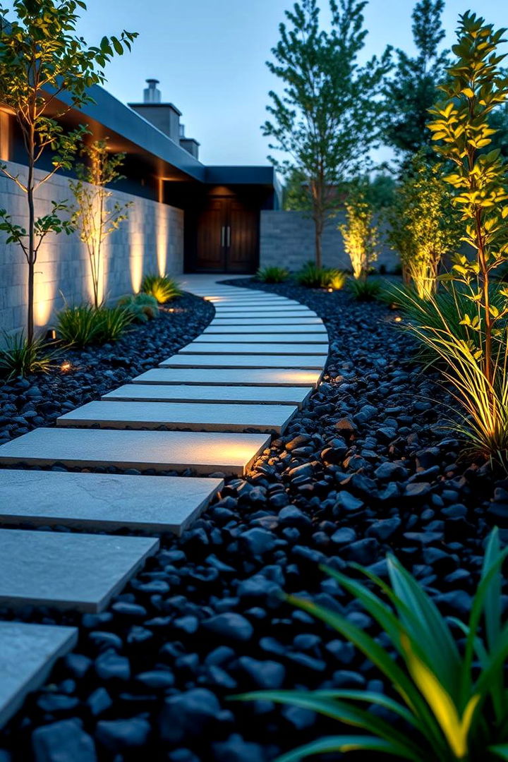 Creating Modern Minimalist Pathways - Black River Rock Landscaping Ideas for Striking Garden Accents