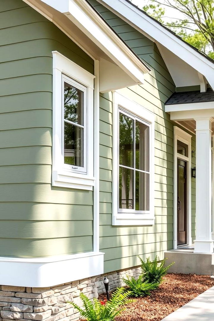 Crisp White Accents - Sage Green Siding Exterior House Color Scheme Ideas