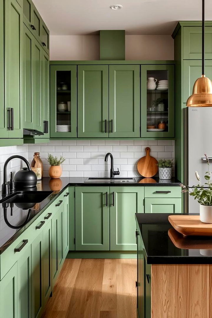 Eco Friendly Elegance - Green Kitchen Cabinets & Black Countertops: Bold Contrasts