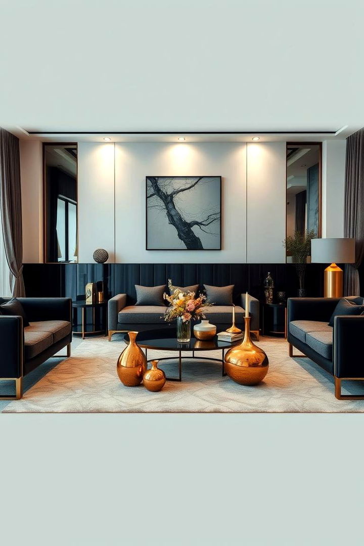 Elegant Black Accents - Opulent Black and Gold Living Room Decor Concepts