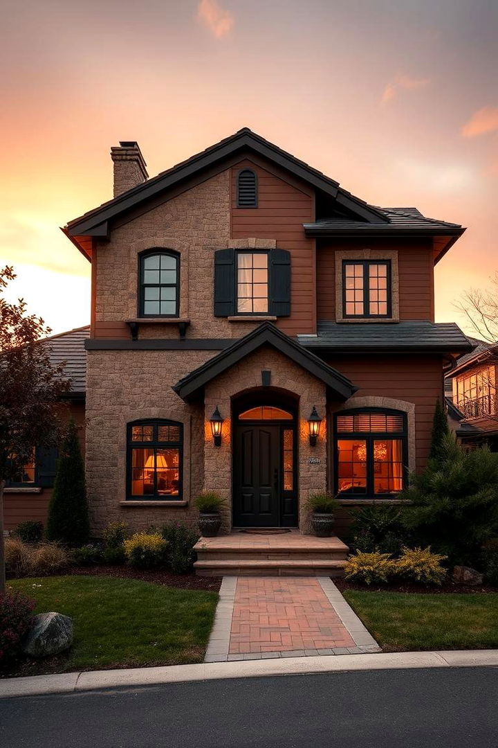 Elegant Stone Accents with Chocolate Brown Facade - Chocolate Brown Exterior Ideas for Warm Home Designs