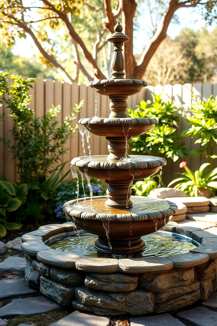 Elegant Tiered Stone Fountain - Stunning Backyard Fountain Ideas for Serene Spaces
