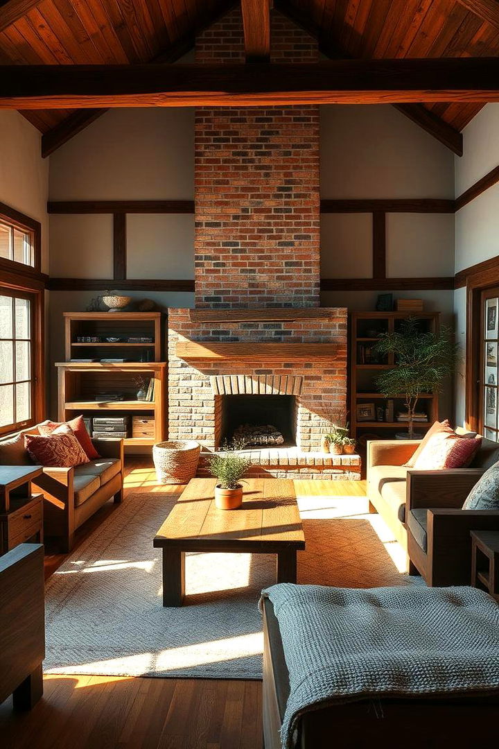 Embracing Natural Wood Elements - Rustic Living Room Ideas Featuring Brick Fireplaces