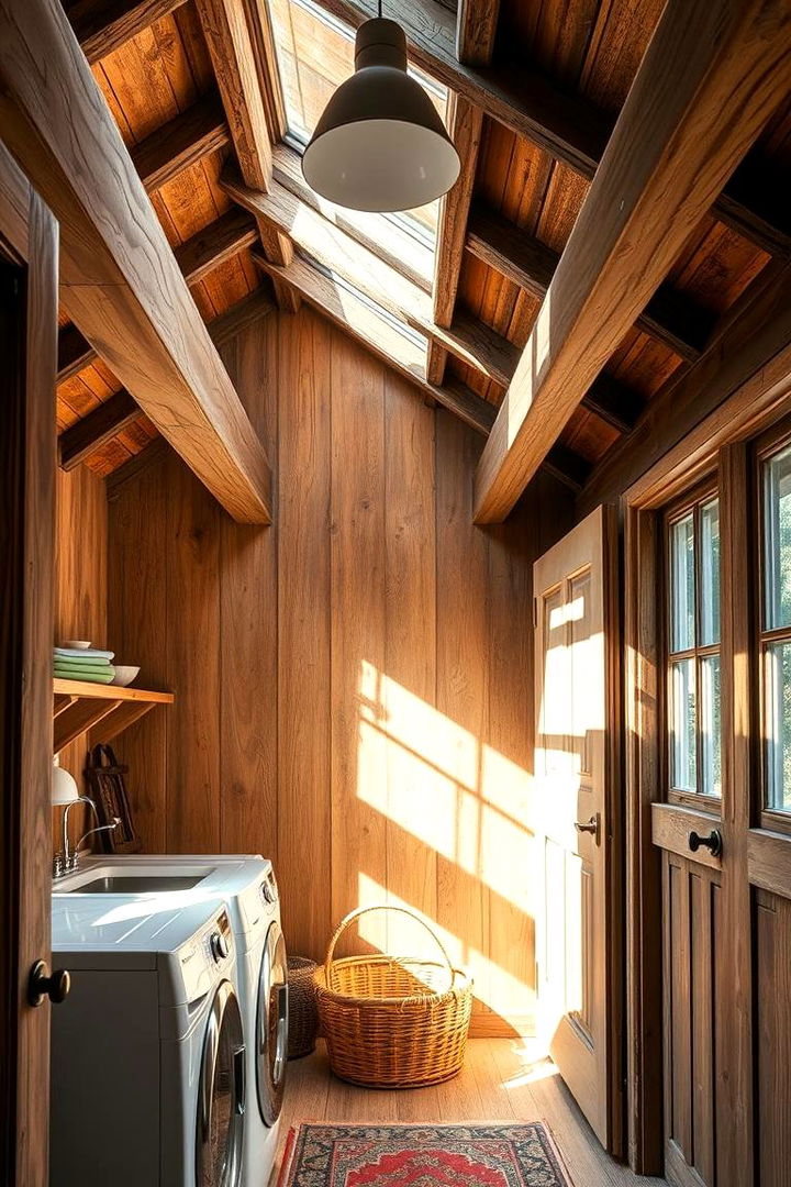 Exposed Wooden Beams Accent - Rustic Laundry Room Ideas for Functional Farmhouse Style