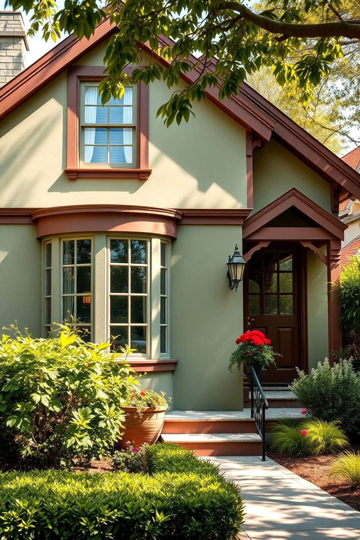 Exterior Charm and Natural Elegance - Sage Green House with Brown Trim Exterior Design Ideas