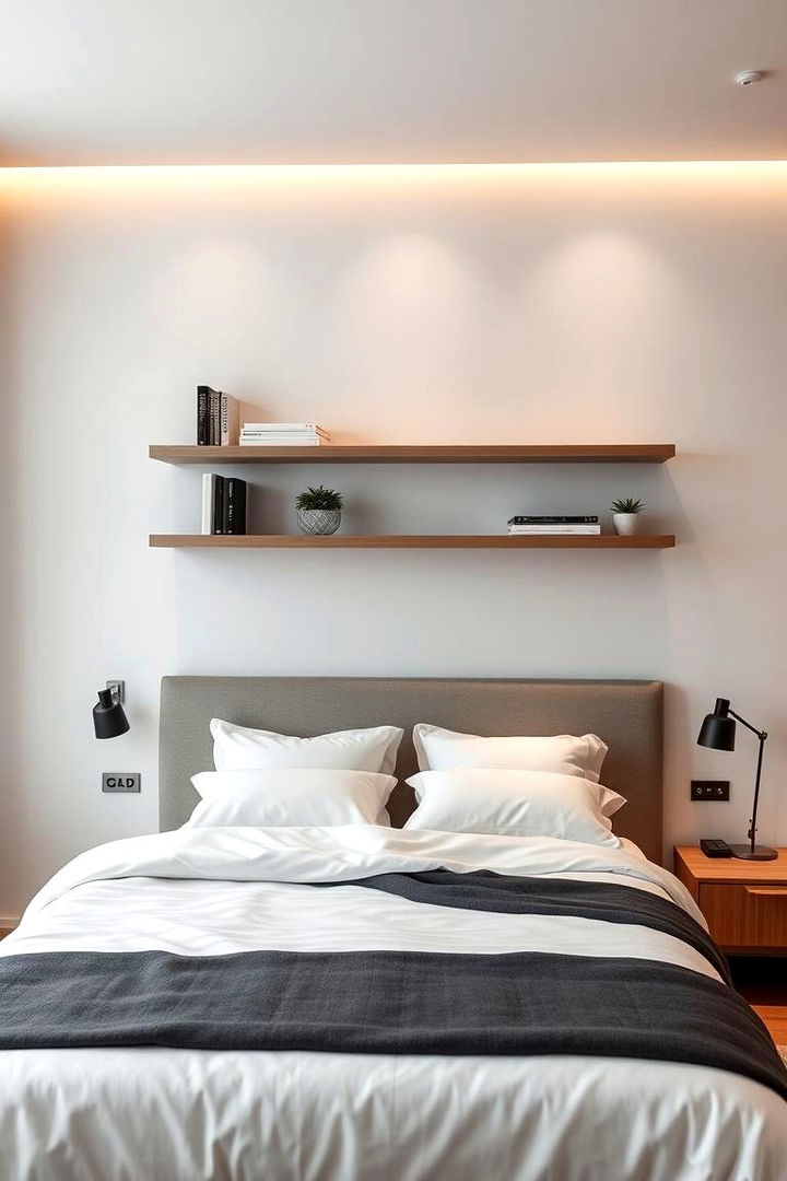 Floating Shelves as a Focal Feature - No Headboard Ideas for Minimalist Bedroom Designs