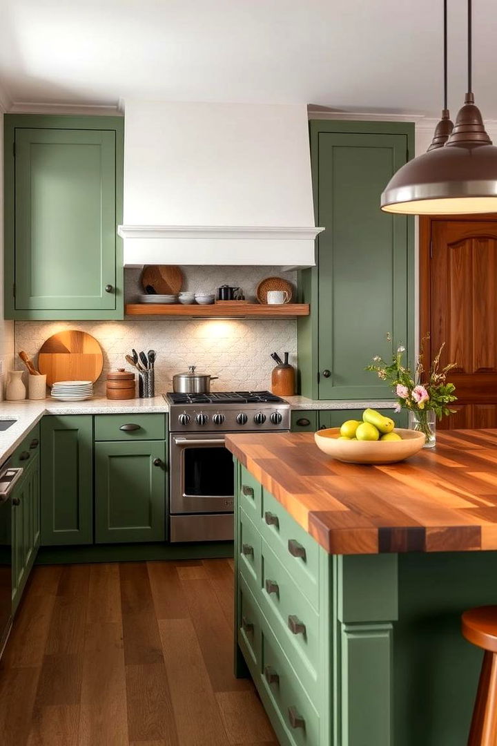 Green Elegance with Butcher Block Accents - Green and Brown Kitchen Themes for Earthy Charm
