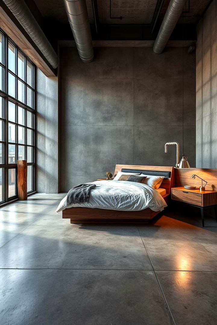 Industrial Modern Sanctuary - Concrete Floor Bedroom Ideas for Sleek & Serene Spaces