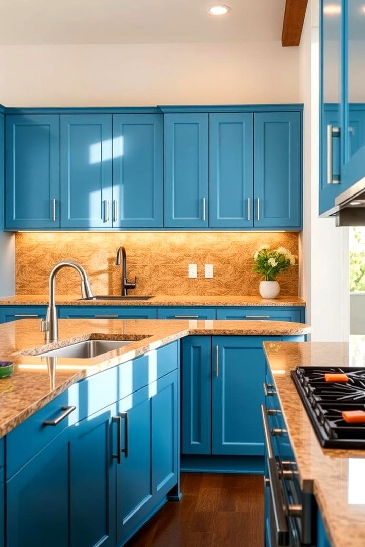 Modern Elegance in a Contemporary Kitchen - Blue Kitchen Cabinets With Brown Granite Countertop Ideas