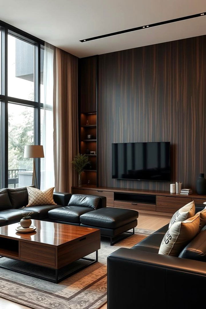 Modern Elegance with Black Leather and Brown Wood - Black & Brown Living Room Ideas for Warm Minimalism