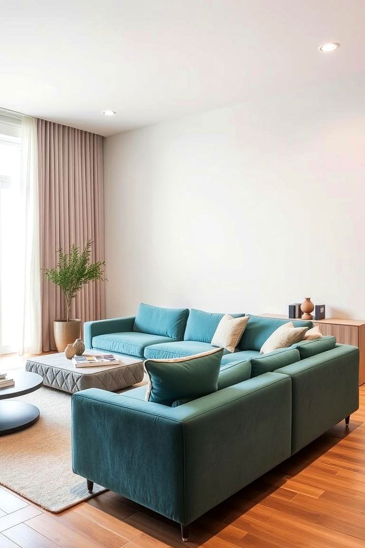 Modern Minimalist Ambiance - Teal Couch Living Room Ideas: Statement Sofa Styles