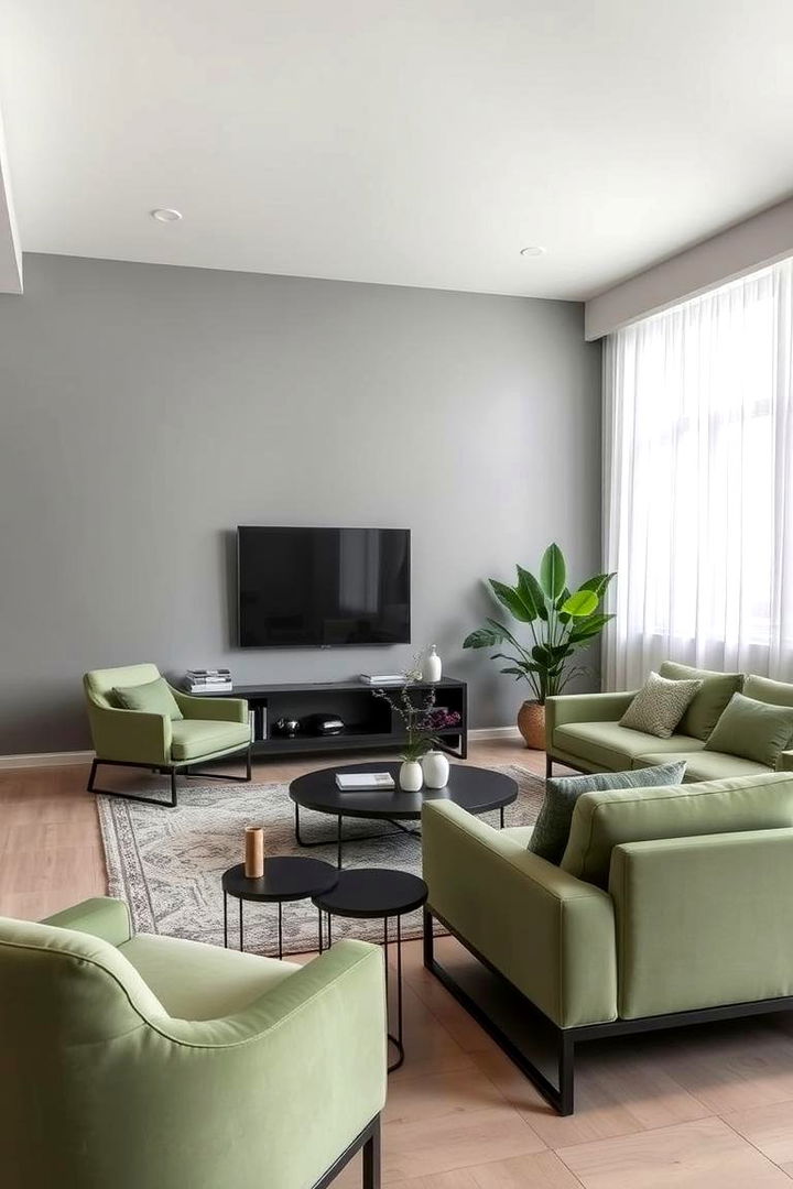 Modern Minimalist Ambiance - Grey and Sage Green Living Room Design Inspirations