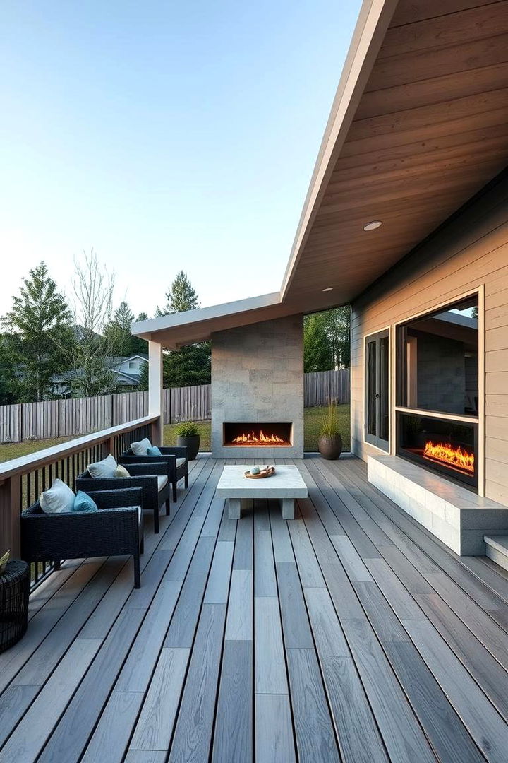 Modern Minimalist Ambiance - Cozy Covered Deck Ideas with Fireplaces for Year-Round Use