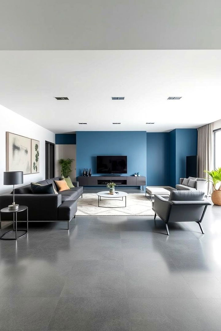 Modern Minimalist Approach - Grey Floor & Blue Wall Living Room Design Inspirations