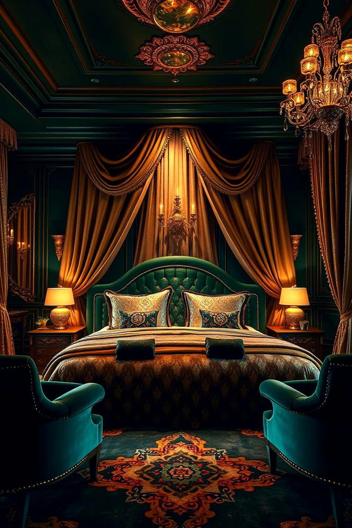 Radiant Regal Ambiance - Emerald Green & Gold Bedroom Ideas for Luxurious Style