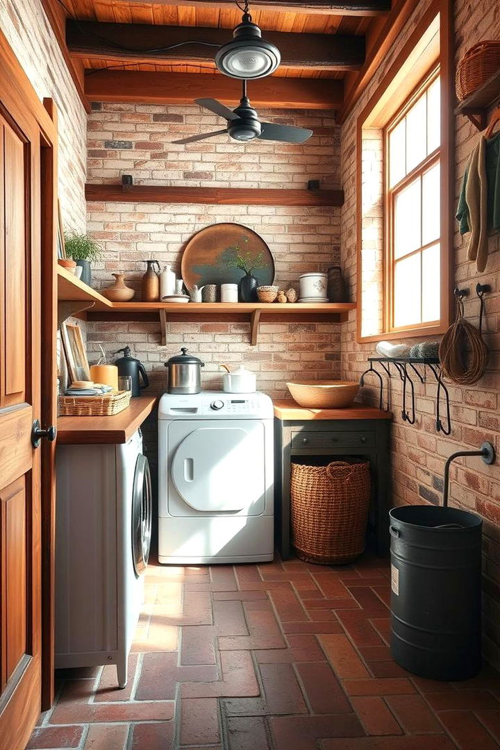 Rustic Charm with Exposed Brick and Wood Accents - Brick Floor Laundry Room Design & Inspiration Ideas