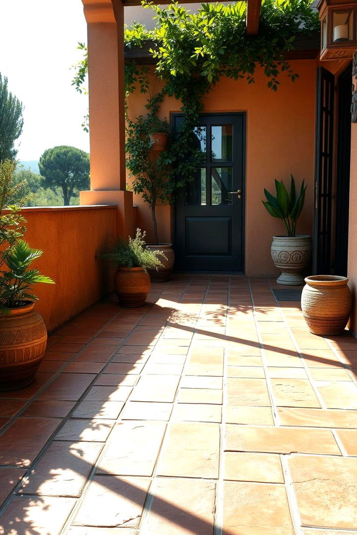 Rustic Clay Tile Ambiance - Mediterranean Patio Ideas for Al Fresco Dining & Relaxation