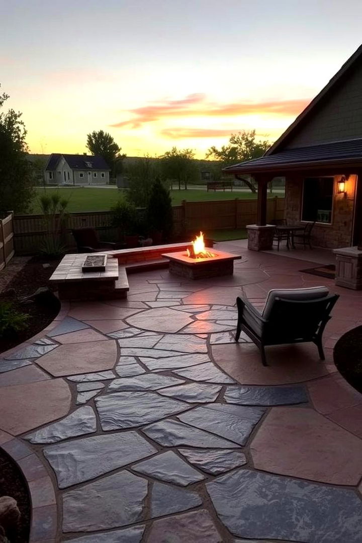 Rustic Elegance with Natural Textures - Stamped Concrete Patio & Fire Pit Combo Ideas