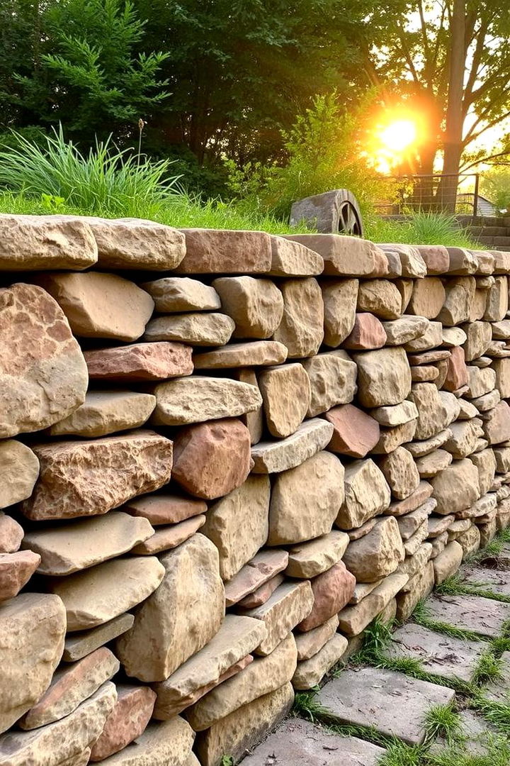 Rustic Fieldstone Charm - Natural Rock Retaining Wall Designs for Landscapes