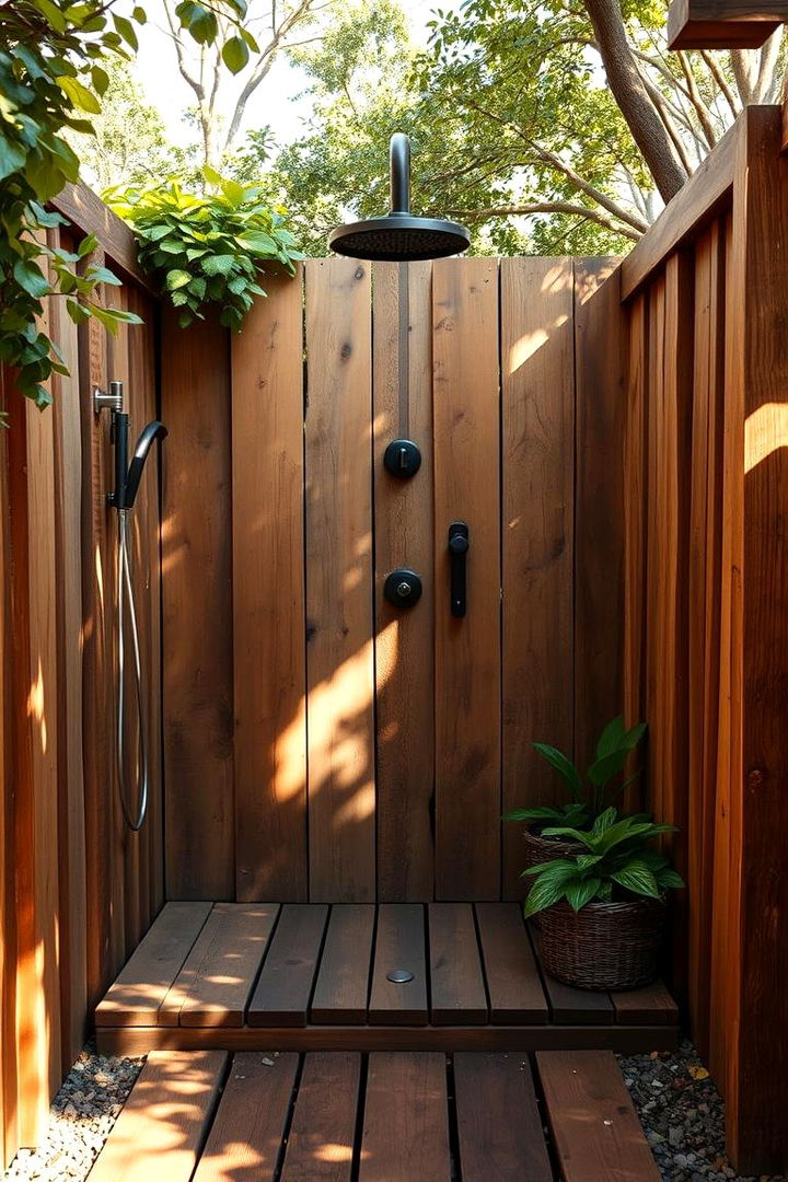 Rustic Wooden Outdoor Shower - Inviting Outdoor Shower Ideas for Your Backyard Oasis