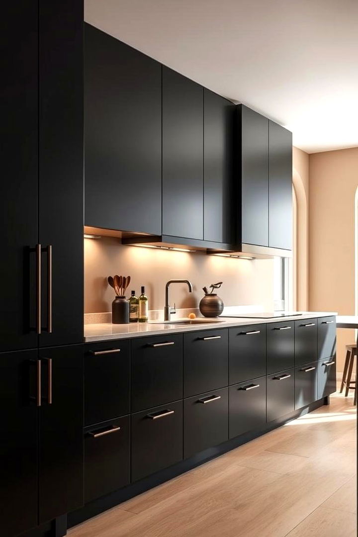Sleek Black Cabinets and Matte Finishes - Black and Beige Kitchen Ideas for Modern Culinary Spaces
