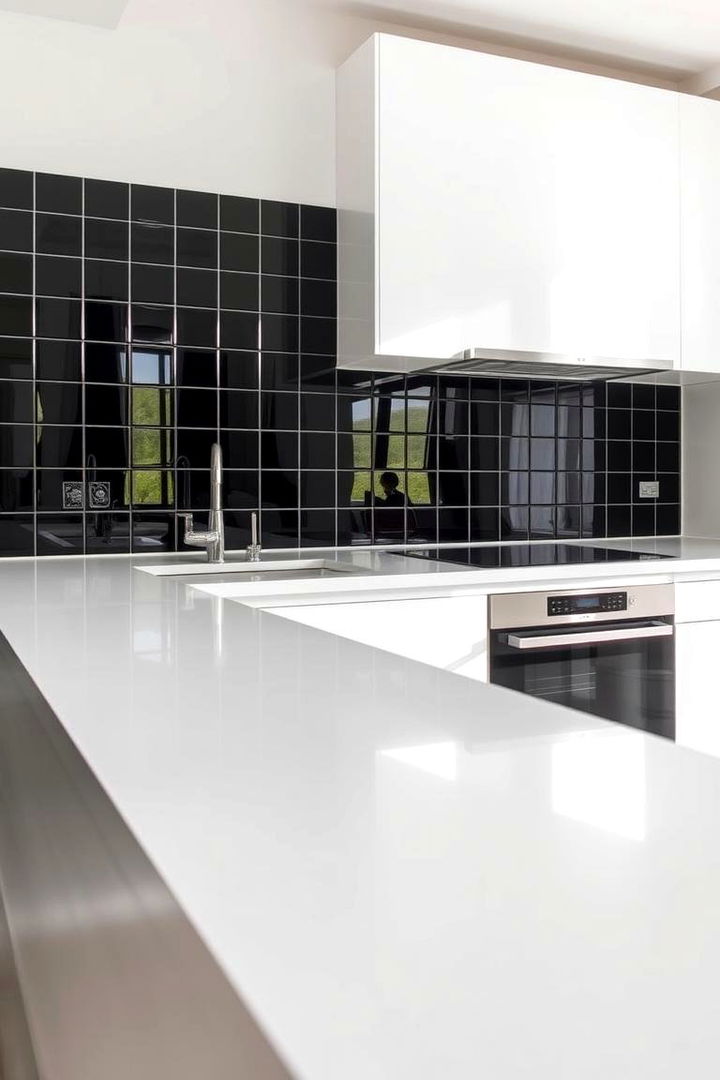 Sleek Modern Glossy Black Tiles - Striking Black Floor Kitchen Ideas for Bold Contrast