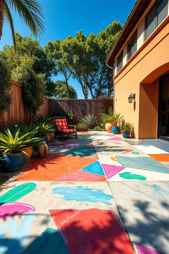Vibrant Brushstroke Accents - Painted Concrete Patio Ideas for Bold Outdoor Spaces