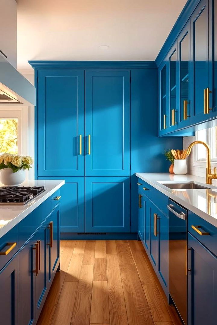 Vibrant Color Impact - Blue Kitchen Cabinets With Gold Hardware Accents