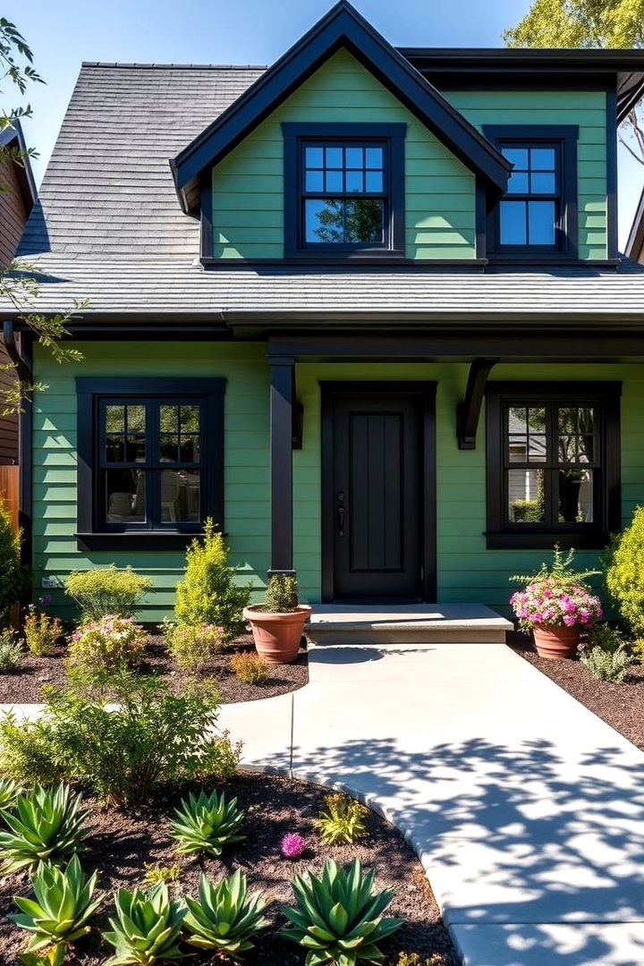 Vibrant Curb Appeal - Green House Exterior Ideas with Black Trim Contrast