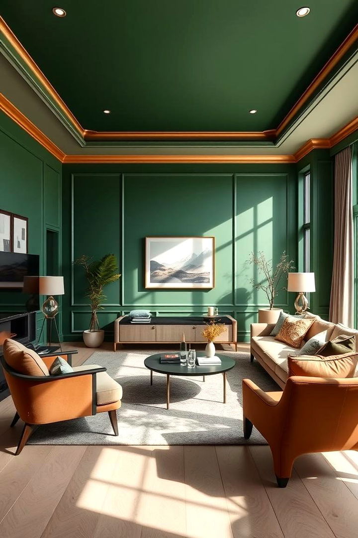 Vibrant Green Walls with Golden Accents - Green and Gold Living Room Design Ideas for Elegance