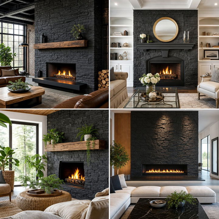 22 Black Stone Fireplace Designs for Modern & Rustic Interiors