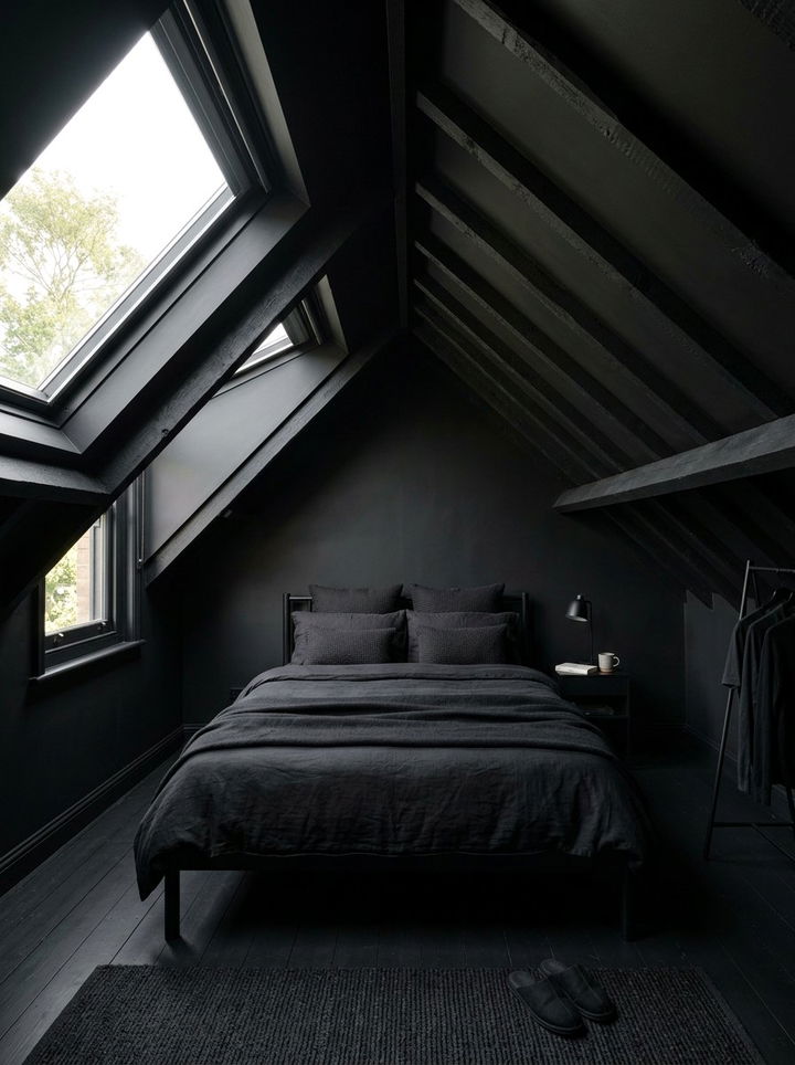 All Black Attic Bedroom - 30 dark black bedroom ideas
