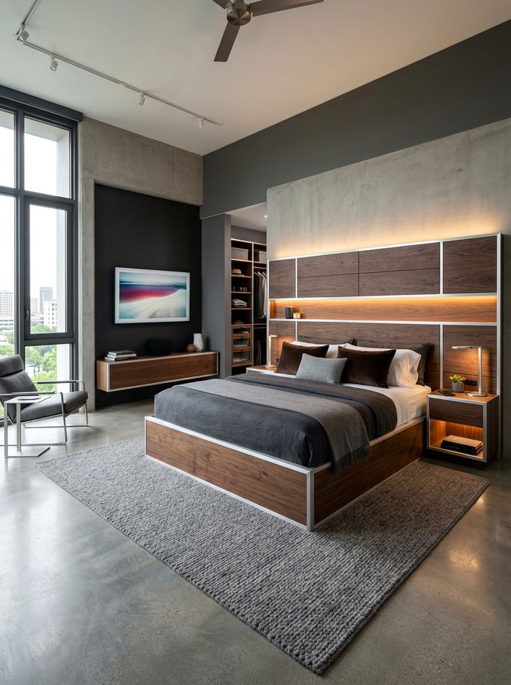 Aluminum and Matte Wood Bedroom - 30 mixed material bedroom ideas